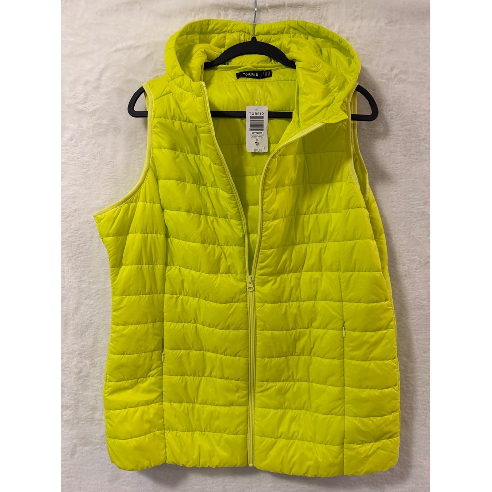Torrid Neon Yellow Hooded Puffer Vest NWT Womens Plus Size 00 00/XL Quilted Zip